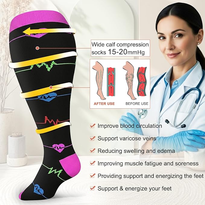 Diu Life 3 Pairs Plus Size Compression Socks for Women and Men Wide Calf Extra Knee High Support for Circulation - Image 4