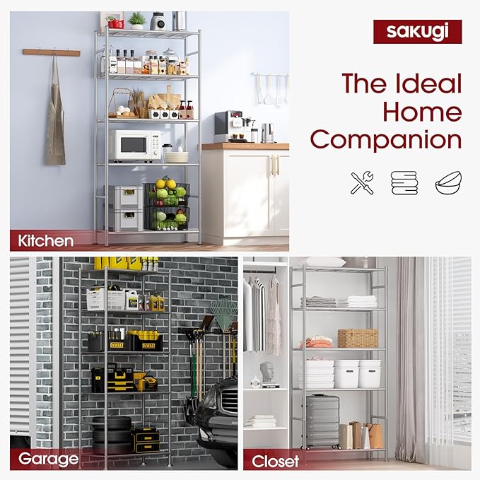 Sakugi Storage Shelves - 5 Tier Shelf Organizer, Heavy Duty Garage Shelving Unit with Leveling Feet, Stable Metal Shelves Organizer for Pantry, Kitchen and Closet, 33.0" W x 12.6" D x 72.0" H, Silver - Image 6