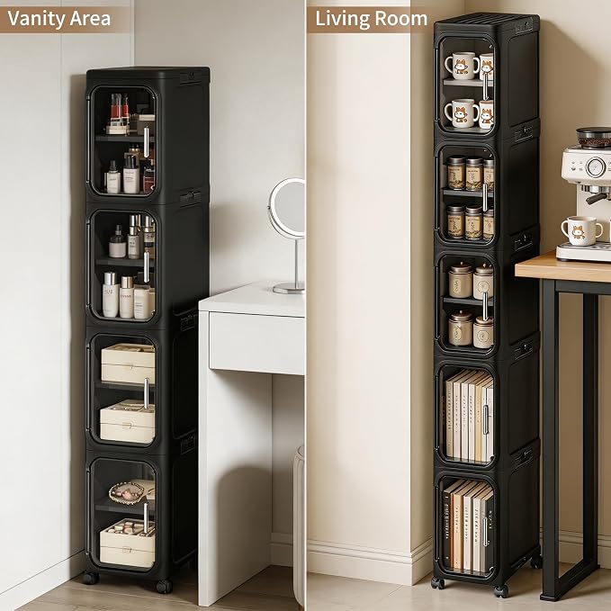 LXLXXL 5-Tier Narrow Storage Cabinet Slim Bathroom Tall Skinny Organizer | Movable Slim Storage Cabinet with Lockable Rolling Wheels Adjustable Detachable Shelves Snap Assembly for Small Spaces,Black - Image 5