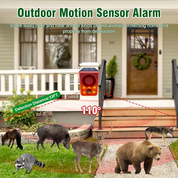 ChunHee Solar Outdoor Motion Sensor Alarm Dog Barking Gunshot Sound 130dB | Support Recording and Adjustable Volume,Loud Noise Maker 3 Work Modes Strobe Light for Home, Villa, Farm, Barn (1pack) - Image 3