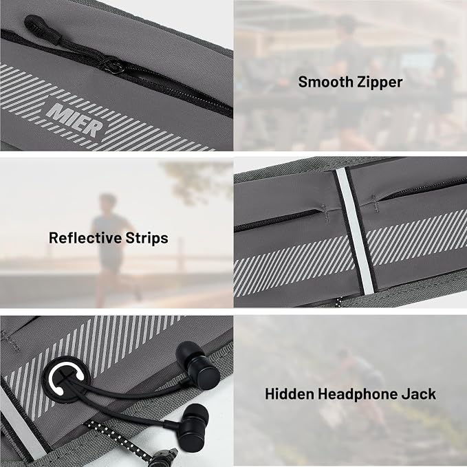 MIER Running Belt for Women & Men, Fanny Pack with Marathon Bib Clip, Gray | Slim Adjustable Phone Holder Pouch; Reflective Waist Packs for Running Essentials; Waterproof Zipper Pockets - Image 6