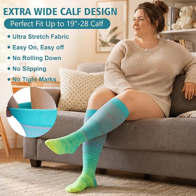 3 Pairs Wide Calf Compression Socks for Women Men 20-30 mmHg Knee High | Plus Size, Graduated Compression, Circulation Support, Tired Legs & Swelling Relief; Sports, Travel, Nurses, Daily Wear - Image 4