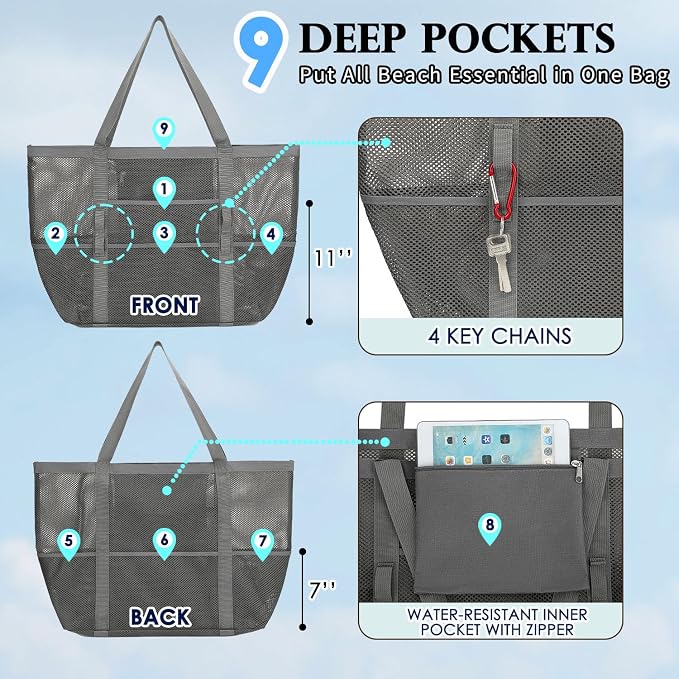 Fammart Mesh Beach Bag for Women, Large Beach Toy Pool Bag with Zipper Pocket, SandProof Cruise Essentials 2026 Family Travel - Image 4