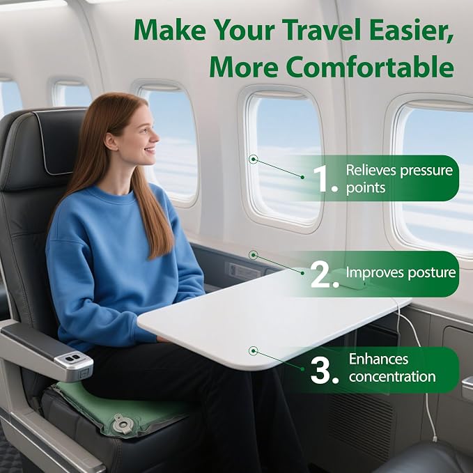 Inflatable Travel Seat Cushion – Self-Inflating Memory Foam Pad for Airplane, Stadium Bleachers, Camping, Hiking & Backpacking – Ultralight Compact & Portable Sitting Cushion (Green) - Image 3