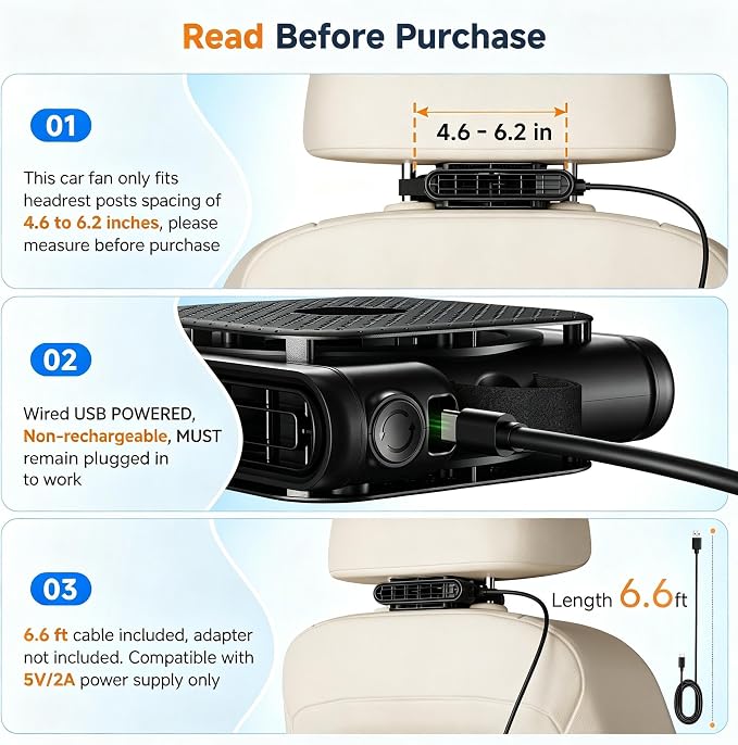 ElfTrip Car Fan with Dual Air Outlets, Wired USB(NON RECHARGEABLE 2 Pack) Car Fan for Backseat for Kids for Driver Passenger, Strong 3 Speeds, Forward/Backward Airflow Fit in Headrest Posts 4.6-6.2in - Image 2