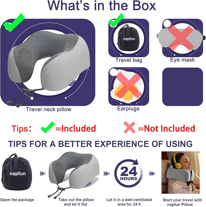 napfun Neck Pillow for Travel, Memory Foam Airplane Pillow, Mist Gray | 360° Neck Support, Upgraded 100% Memory Foam for Airplane, Car, Train, Bus, Office Sleep, Travel Essentials for Long Flights - Image 5