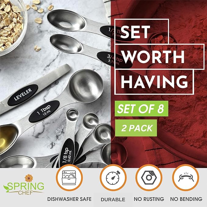 Spring Chef Stainless Steel 8 Magnetic Measuring Spoons Set, 2 Pack, Black | Dual Sided Metal Teaspoon & Tablespoon Measuring Spoons with Leveler for Dry & Liquid Ingredients, Nesting, Dishwasher Safe - Image 2
