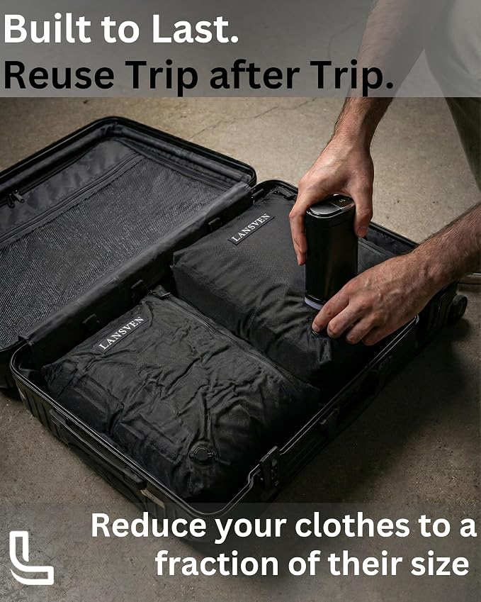 travel pack vacuum kit - Reusable Nylon Compression Bags + Rechargeable Pump - Save 60% Space - vacuum travel bags with pump - for Carry-On & Suitcase - Image 7