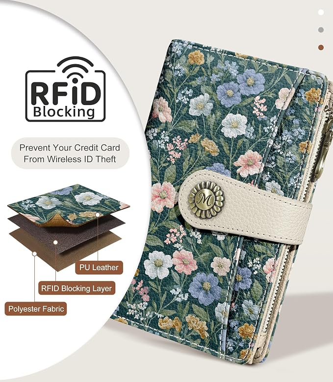 Flower Wallet Women RFID Bifold Passport Holder Credit Card Holder | 6.7" x 4.4" x 1.3" Travel billfold, Zipper Coin Pocket, PU Leather Clutch, Purse, ID Window, Pen Holder, Gift for Ladies Girl - Image 4