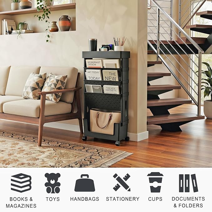 5-Tier Rolling Bookshelf Magazine Rack with Wheels Black | Mobile Bookcase, Book Storage File Folder Organizer Cart for Home Study Office Living Room Classroom - Image 5
