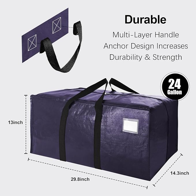 VELVETSURE Heavy Duty Extra Large Moving Bags W/Backpack Straps - Strong Handles & Zippers, Storage Totes For Space Saving, Fold Flat, Alternative to Moving Box and Storage Bin (Set of 6, Blue) - Image 2