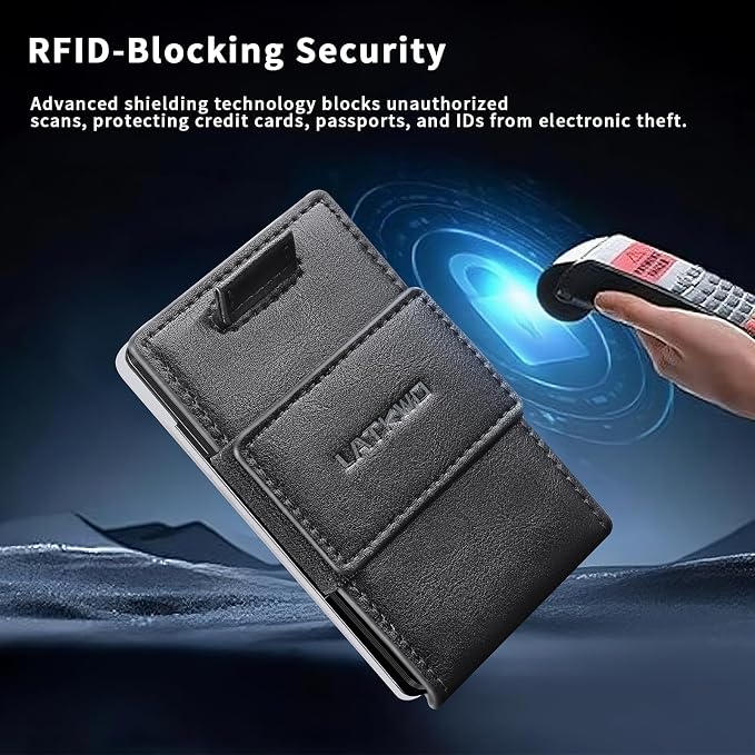Wallet for Men Slim Pull Tab Metal RFID Blocking Credit Card Holder with ID Window & Cash Strap - Compact Front Pocket Design Holds 1-10 Cards (3.62x2.36x0.47in) (Black) - Image 3