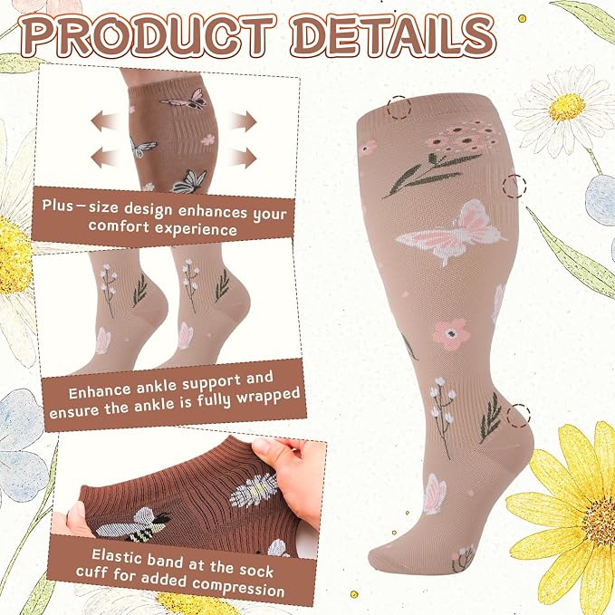 4/6 Pairs Compression Socks for Women 20-30mmHg Knee High Socks | Breathable Comfort Support Socks, Thick Cotton Fabric, Striped Ribbed Design, Fatigue Relief, For Nurses Flying Pregnancy - Image 3