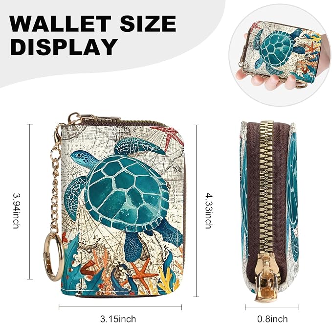 Credit Card Holder for Women,Small Rfid Wallet with Keychain Zipper,Cute PU Leather Card Case Wallet，Accordion Credit Card Wallets Gift,Retro Turtle - Image 4