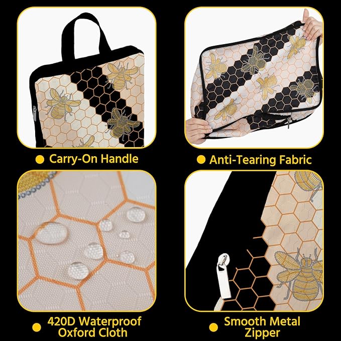 6 Pcs Compression Packing Cubes Waterproof Suitcase Travel Bag Luggage Backpack Organizer Travel Cubes for Packing-Black and Gold Bees - Image 4