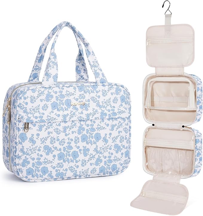 Narwey Floral Hanging Toiletry Bag, Travel Makeup Organizer Cosmetic Make up Bags for Women, Travel Toiletries Essentials Accessories (Blue Flower, Medium) by Narwey