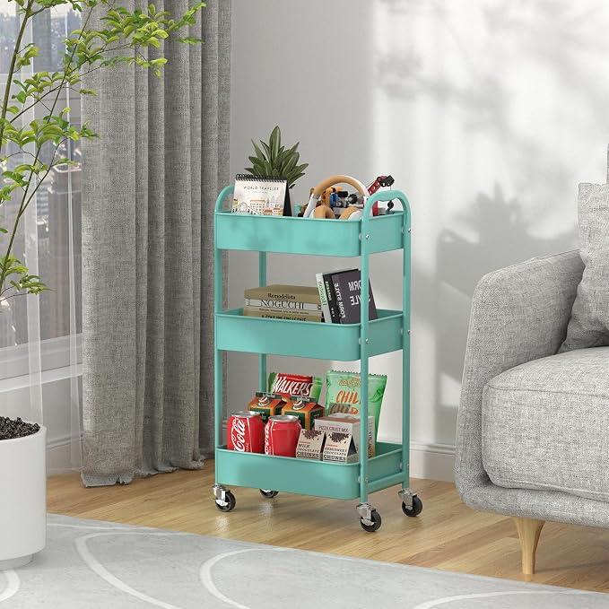 MAX Houser 3-Tier Rolling Utility Cart with Caster Wheels,Easy Assembly, for Kitchen, Bathroom (Turquoise) | Easy Assembly, multi-purpose storage trolley for kitchen, rolling cart with smooth caster wheels for bathroom - Image 6