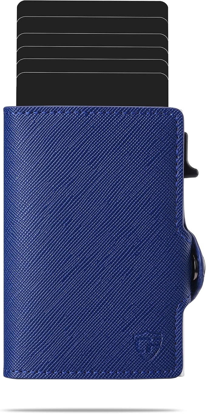 Pop Up Wallet for Women | RFID Blocking Slim Card Holder for Small Purse & Crossbody Bag | Compact Aluminum Wallet | Holds 4–6 Cards | Saffiano Navy Blue - Image 9