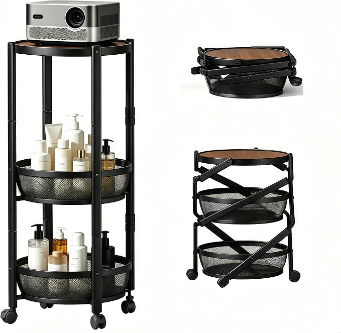 3-Tier Foldable Rolling Cart, Collapsible Metal Utility Cart with Wheels, Assembly-Free, Round Storage Organizer Trolley for Kitchen, Bathroom, Dorm, Nursery-Black by NOEMOCY