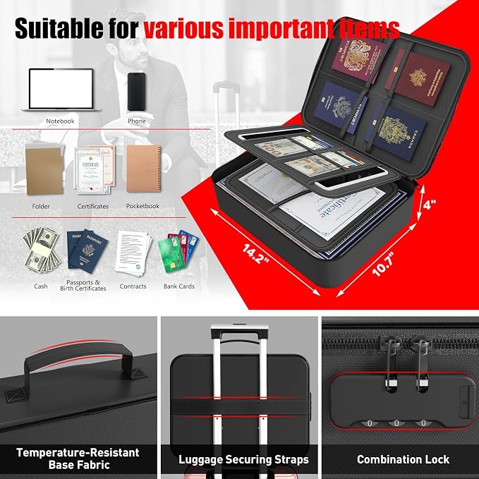 Fireproof Document Box with Lock,File Safe Bag for Home,Multi-Layer Important Document Organizer,Office Paper Storage File Folder Box for Laptop Certificates Passport,Portable Waterproof - Image 4