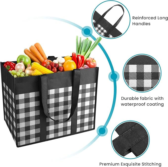 WOWBOX Reusable Grocery Bags, Foldable Reusable Shopping Tote Bags | 6-Pack Large Storage Bags bulk with Reinforced Handles and Water Resistant Coating for Groceries,Multipurpose,Black-White - Image 5