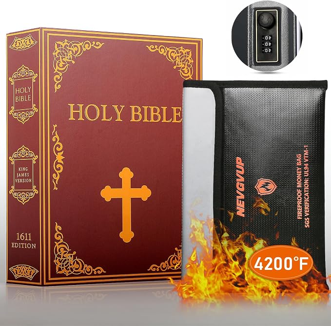 Diversion Book Safe with 4200°F Fireproof Money Bag and Combination Lock, 10.5" x 7.9" x 2.5" Fake Book Hidden Storage Safe, Hollow Secret Portable Metal Storage Box for Cash, Valuables - Easter Bible by NEVGVUP