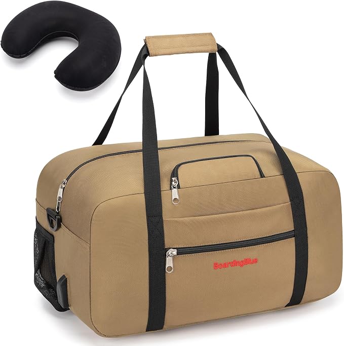 17x10x9 United Airline Personal Item Under Seat Duffel Bag With Free Pillow And USB Port (Beige) by Boardingblue