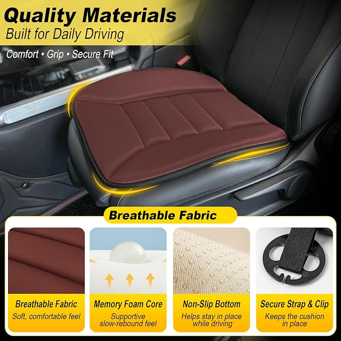 kingphenix 3-Piece Memory Foam Car Seat Cushion Set for Driving Comfort | 2 Front Seat Cushions and 1 Rear Bench Pad, 1.2-Inch Memory Foam, Non-Slip Bottom for Sedan, SUV, Truck and Van, Brown - Image 6