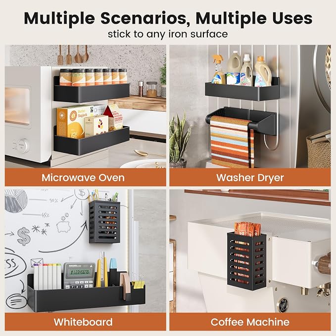 Mystozer Magnetic Spice Rack for Refrigerator,7 Pack Magnetic Shelf,Fridge Magnet Organizer with Paper Towel Holder,Utensils Racks,Hook Rack,Fridge Organizers and Storage Black(7 Pack) - Image 5