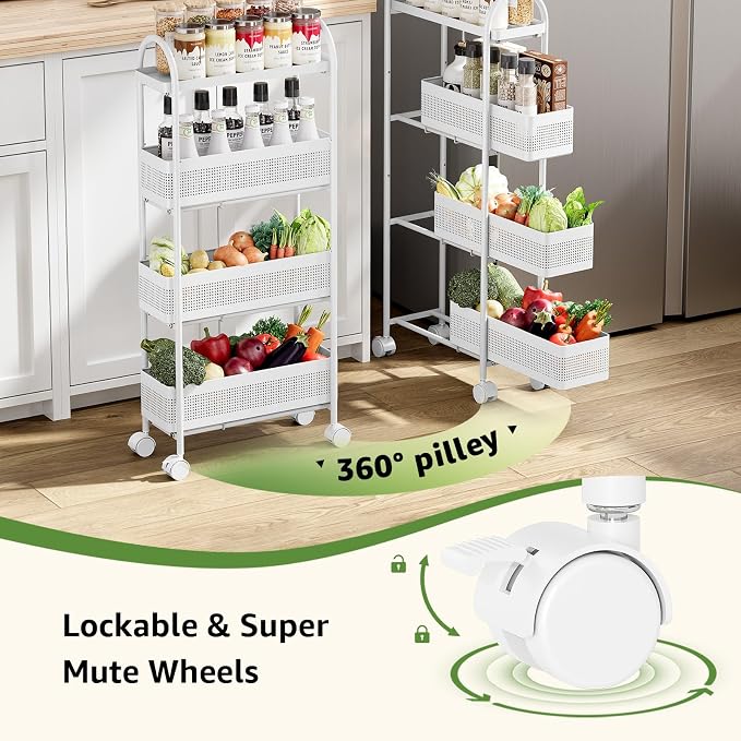 KINGRACK 4 Tier Slim Rolling Cart with Drawer, Metal Utility Storage Cart | 3 Pull-out Baskets, Lockable Wheels, Narrow Space Trolley Organizer for Bathroom, Kitchen, Office, Dorm, Laundry Room, White - Image 4