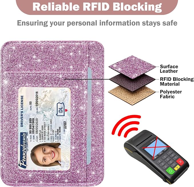 HOTCOOL Card Holder Wallet Front Pocket Minimalist Travel Cute Funny Thin Leather With RFID Blocking Small Credit Card Holder Wallet for Men & Women Girls Organizer Gifts, Glitter Purple - Image 5