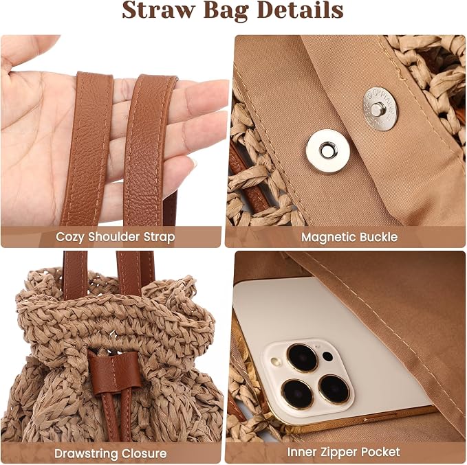 Tavaleu Straw Beach Bags for Women Tote Handbag Shoulder Hobo Bucket Bag | Lightweight, Foldable, PU Straps, Magnetic Closure, Zip Pocket, Reinforced Bottom, Summer Purse, Travel, Vacation, Daily Use - Image 5