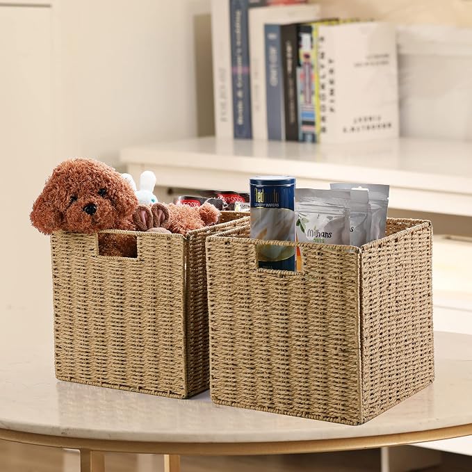 Wicker Baskets, Set of 2 Hand-Woven Storage Baskets for Shelves with Handles, Foldable Cube Wicker Storage Basket Bins Organizer 13 Inches Large Woven Baskets for Storage Organizing & Decor - Image 3
