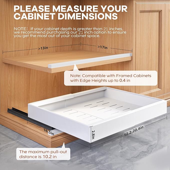 Seinloes 2 Pack Expandable Pull Out Cabinet Organizer 16.5"Deep with Raising Pad for Framed Cabinets,Upgrade 3 Slide Rails Slide Out Drawers,Roll Out Shelves Adhesive,Adjustable Width 12.2"-20.4"White - Image 4