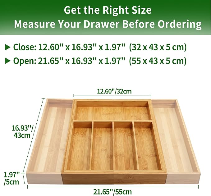 VaeFae Bamboo Drawer Organizer, Large, Natural | Expandable Silverware Organizer, Kitchen Utensil Storage, Wooden Cutlery Tray with Dividers, Fork and Spoon Holder - Image 3