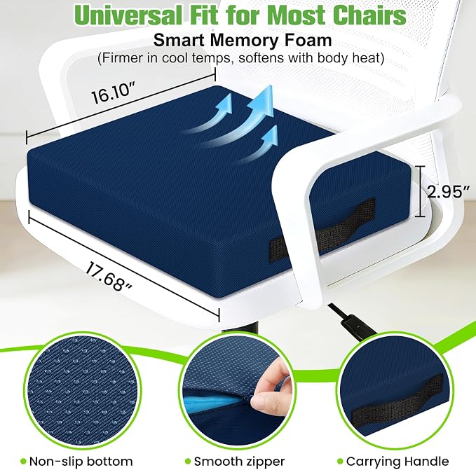 Seat Cushion for Office Chairs, Memory Foam Chair Cushion with Patterned Core for Even Support, Back, Tailbone & Sciatica Relief, Chair Pillow with Carry Handle for Car, Wheelchair(Blue) - Image 3