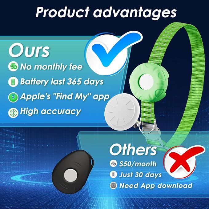 Smart Cat GPS Tracker, Cat Tracker Collar with Safety Elastic Buckle, Compatible with Apple Find My App (Only iOS), No Monthly Fee, Waterproof (White Tracker, Green Cat Collar) - Image 2