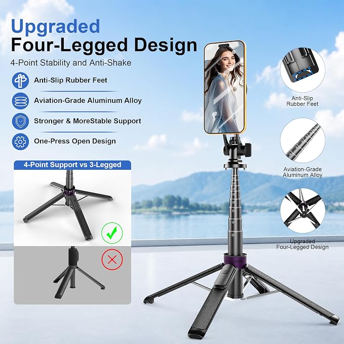 53" Magnetic Selfie Stick Tripod for iPhone Andriod, 360° Rotation | Aluminum Alloy Pole, 1/4" Screw, 4-Leg Stable Base and Wireless Remote for iPhone 17 Pro, TikTok, Vlogging and Travel - Image 3