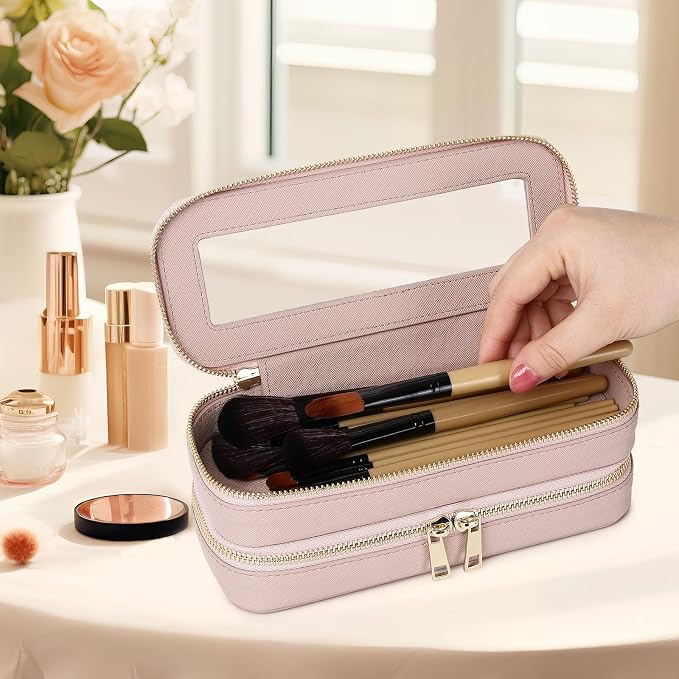 Pinkmik Double Layer Makeup Bag, Pink, Double SLIM | Makeup Brush Case, Waterproof, Travel Cosmetic & Toiletry Organizer - Image 2