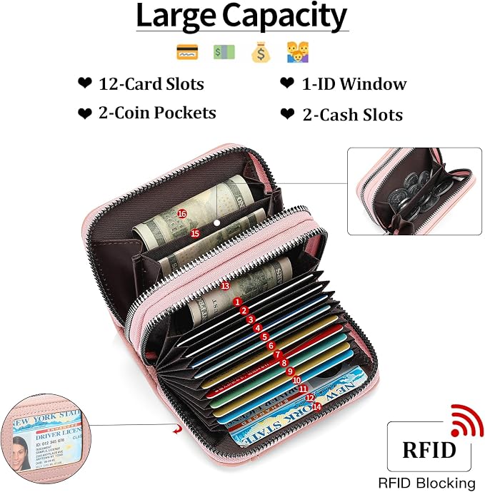 RNIEGA Credit Card Holder Wallet RFID Blocking Leather Small Wallet for Women Double Zipper Wallet with ID Window - Image 3