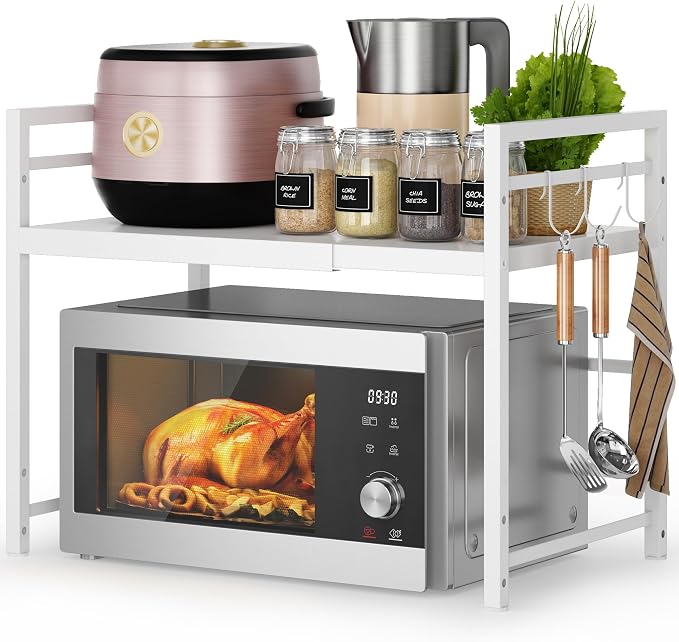 DOLALIKE Expandable Microwave Stand Kitchen Countertop Organizer, White | Adjustable Microwave Oven Rack Metal Storage Shelf with 3 Hooks for Pans Small Appliances Kitchen Utensils Tableware, 2-Tier by DOLALIKE