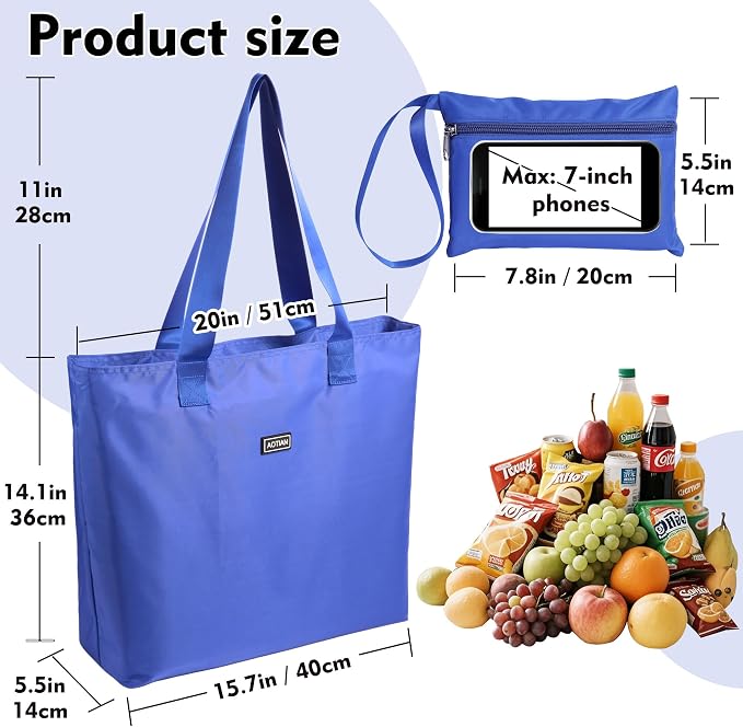 AOTIAN Reusable Grocery Bag, Foldable Shopping Tote Bag with Zipper Closure | Holds up to 50 lbs, Doubles as a phone pouch, Durable & tear-resistant. For travel, gym, beach & daily use, Machine washable - Image 3