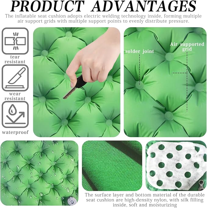 Inflatable seat Cushion-Travel Cushion Lnflatable Portable Air Sitting Pad for Stadium Camping OfficeCan also be used for lumbar and back support Lightweight Waterproof Camp Chair Accessories (Green) - Image 3