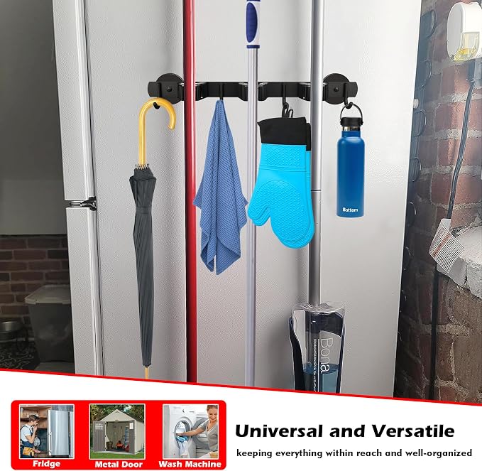 MUTUACTOR Heavy Duty Magnetic Broom Holder, 1PCS Mounting Broom and Mop Hanger, Anti-slip Black Magnetic Tool Holder 3 Slots and 4 Hooks for Fridge, Metal Door, Garage, Work Station - Image 6