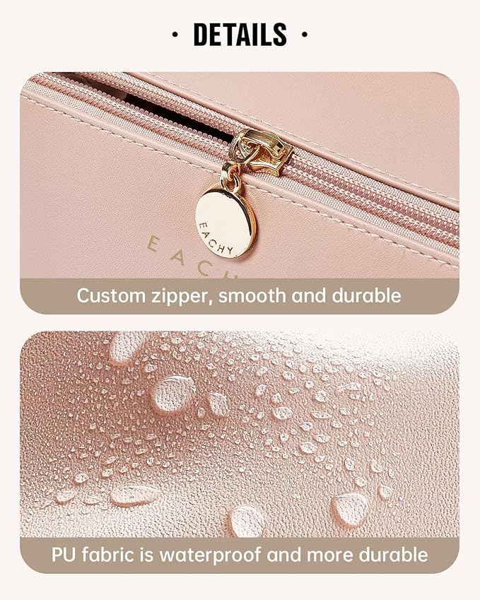 EACHY Travel Makeup Bag for Women, PU Leather Cosmetic Bag, Pink, Large | Water-resistant PU leather exterior with flat-open access, clear TPU brush compartment and organized storage for cosmetics - Image 7
