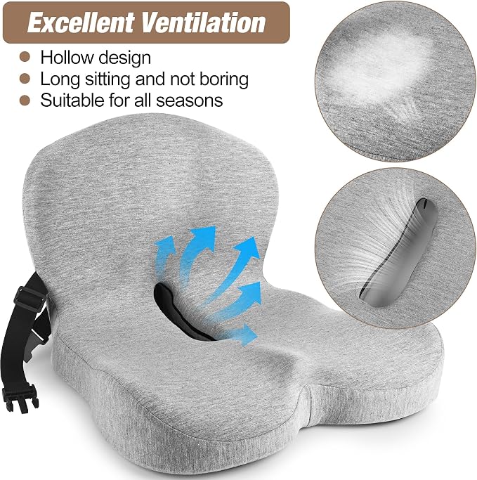 Truck Seat Cushion, Memory Foam Trucker Seat Cushion for Truck Driver Long Sitting with Adjustable Strap, Back Support and Pain Relief for Trucker Driving Office Chair and Pain, Light Gray - Image 5