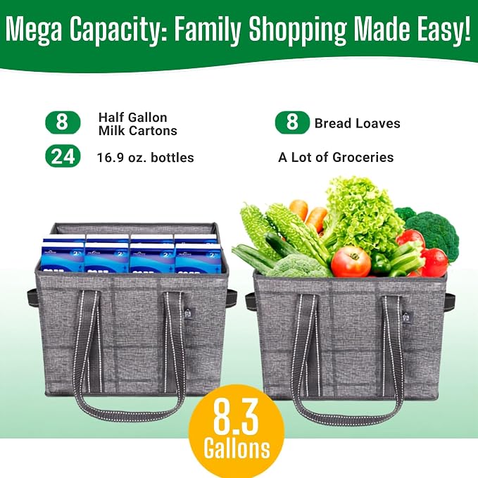 VENO 2 Pack Extra Large Reusable Grocery Shopping Bags Utility Tote | Water Resistant, Storage Box w/ Sturdy Side Handles & Hard Bottom, Foldable for Groceries Shopping Cart(Windowpane, 8 Gallon) - Image 7