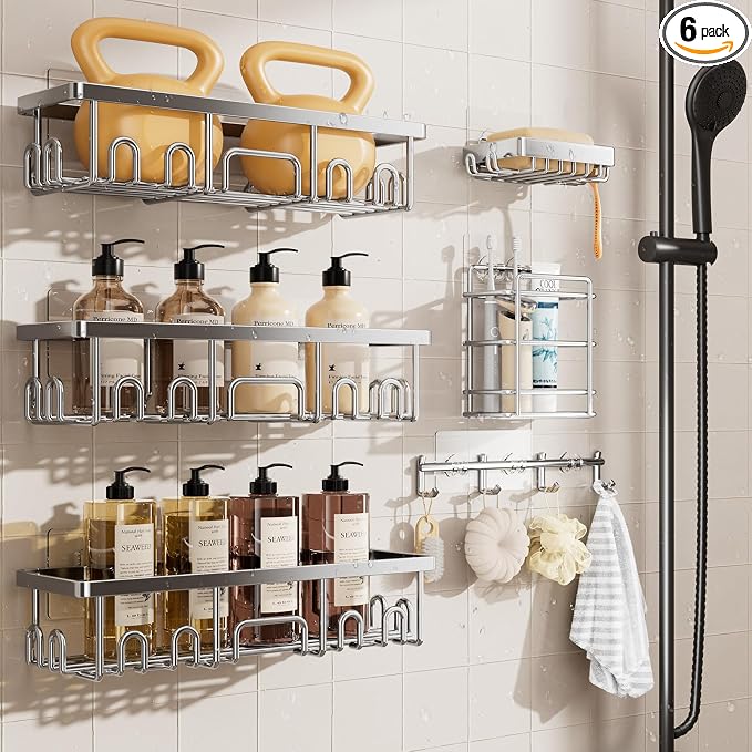 Veken Shower Caddy 6-Pack, Advanced Rustproof Design, No Drilling Adhesive Shelves, Rack with Soap Holder, Large Capacity Bathroom Organizers and Storage, Wall-Mounted Kitchen & Home Decor, Silver by Veken