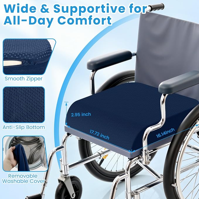 Wheelchair Seat Cushion - Cooling Gel & Memory Foam Office Chair Cushion with Non-Slip Bottom & Washable Cover, Ergonomic Car Seat Pillow for Sciatica, Tailbone, Back Comfort (Navy Blue) - Image 8