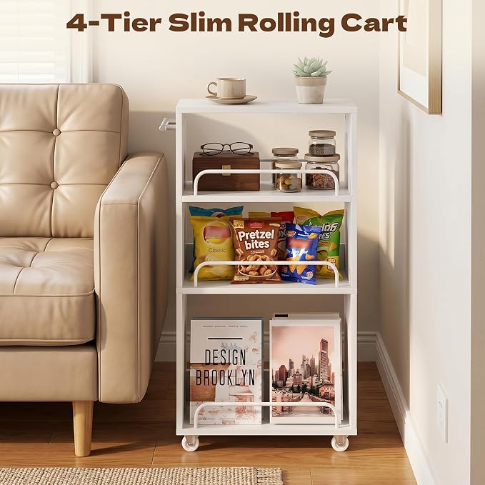 7.7'' Slim Rolling Storage Cart 4 Tier Wood Utility Cart Spice Rack Kitchen | Slide Out Narrow Rolling Cart with Adjustable Shelves,with Handle for Kitchen Laundry Bathroom Small Space - Image 4